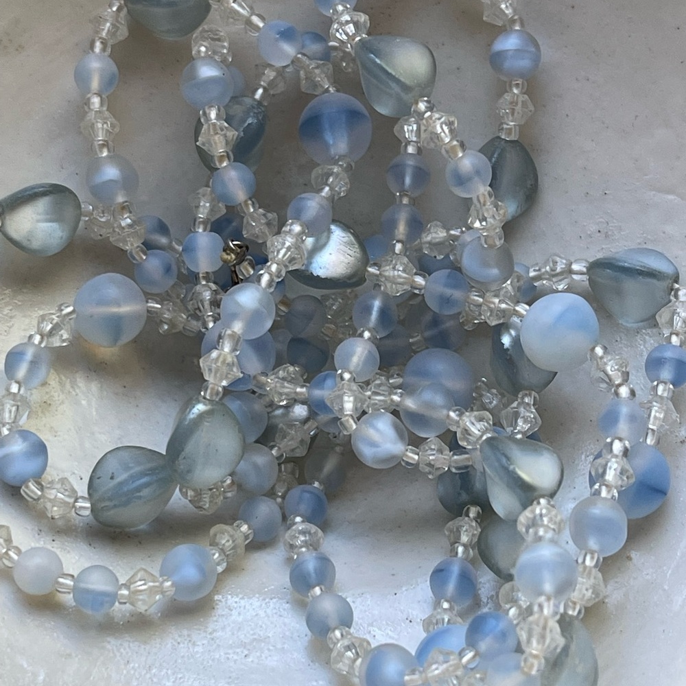 Antique Pastel Blue Frosted Satin Glass Opera length Beaded Necklace